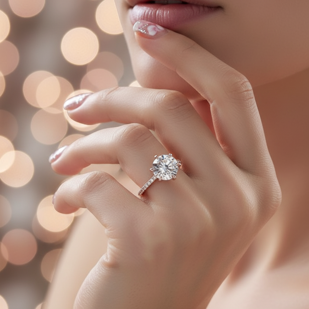 6 Prong Round Cut Diamond Rose Gold Engagement Ring-Black Diamonds New York