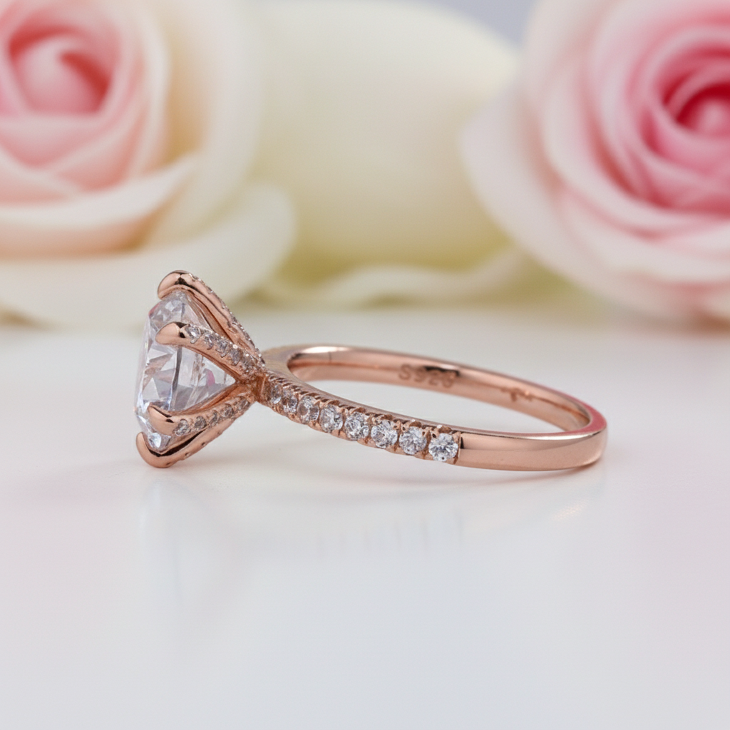 6 Prong Round Cut Diamond Rose Gold Engagement Ring-Black Diamonds New York