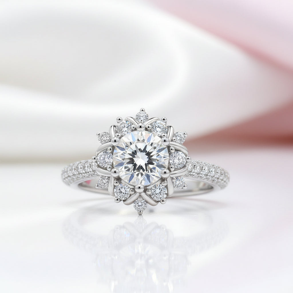 6.5mm Round Cut Diamond Option Flower Engagement Ring-Black Diamonds New York