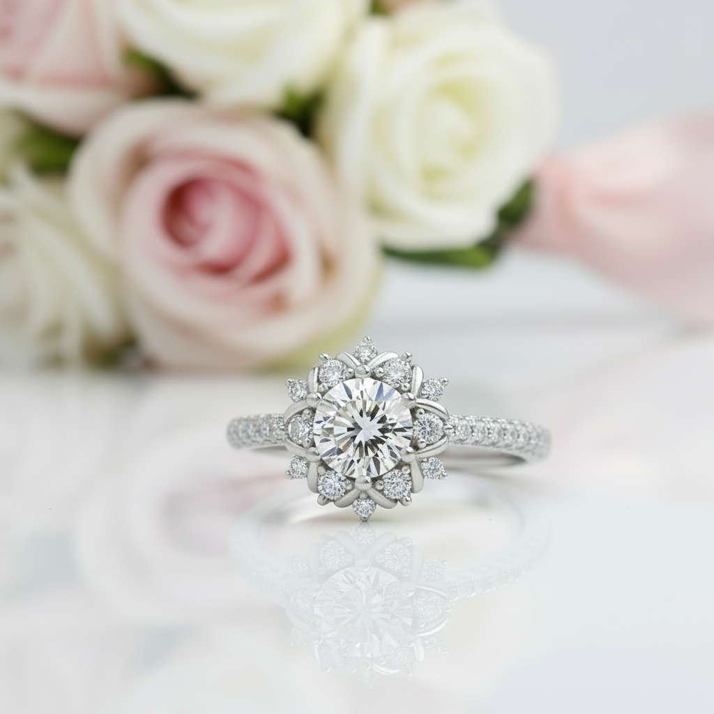 6.5mm Round Cut Diamond Flower Engagement Ring