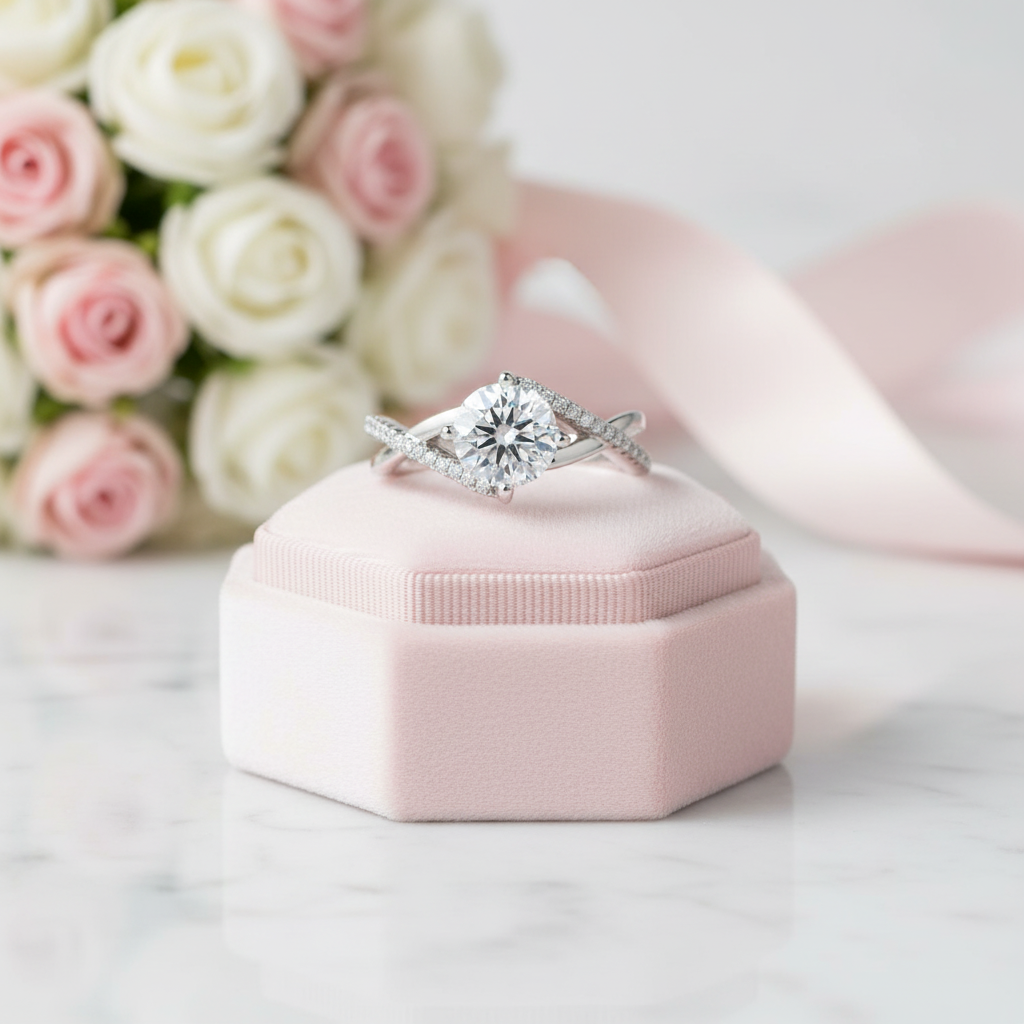 A silver-toned diamond ring with a central round-cut stone and twisted side details, displayed on a small pink velvet ring box. Pink roses and a pale pink ribbon are softly blurred in the background on a light marble surface.