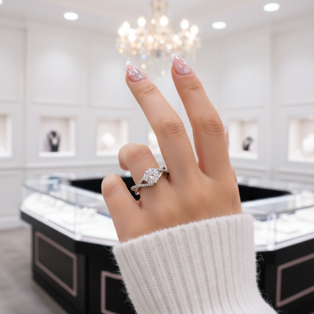 A close-up of a hand wearing a silver ring with a clear round-cut gemstone, set against a softly blurred jewelry store background with display cases and a chandelier.