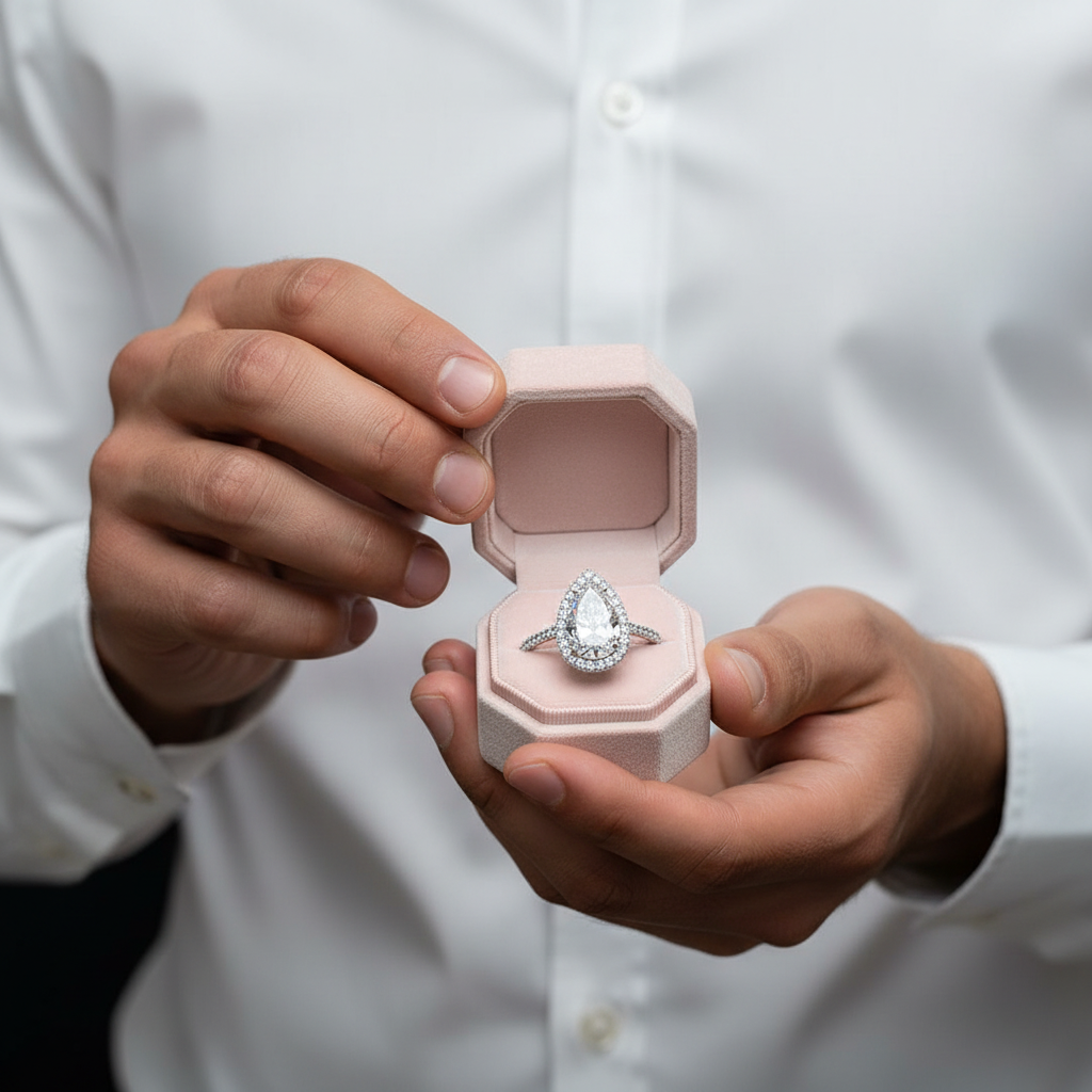 Person holding a pink jewelry box with a diamond ring inside, wearing a white shirt.