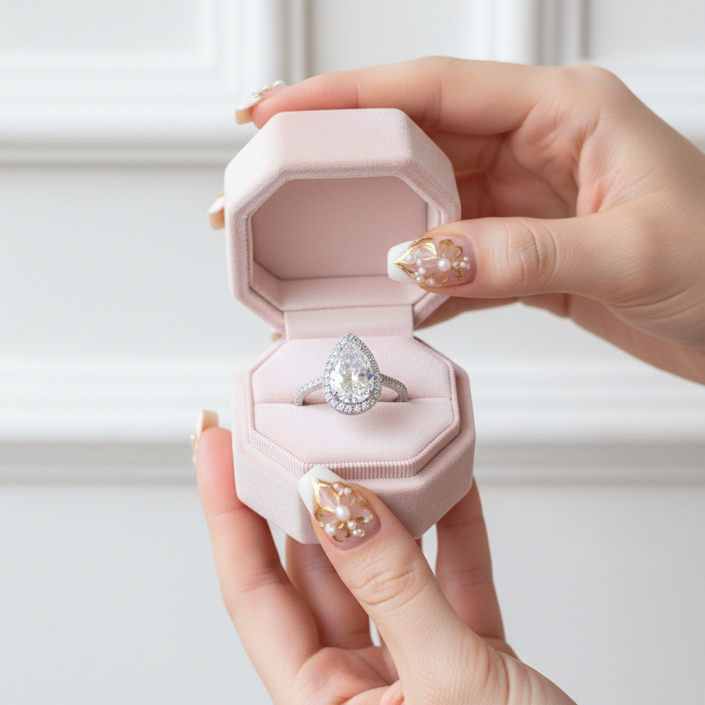 Hand holding a pink jewelry box with a diamond ring inside against a white background