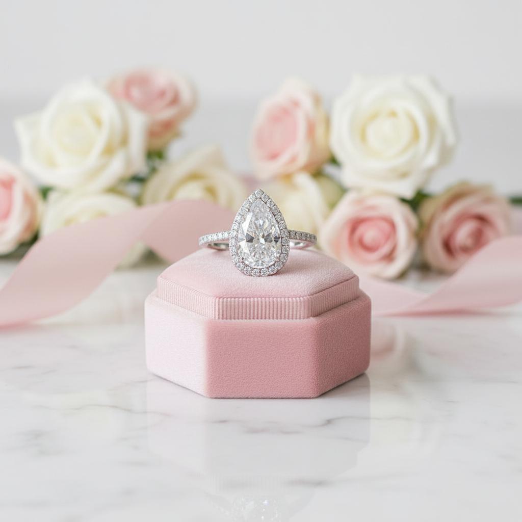 Diamond ring on a pink box with flowers in the background
