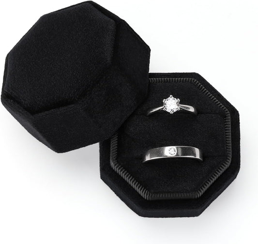 Black Love Is Patient Double Ring Slots Octagon Velvet Ring Box-Black Diamonds New York