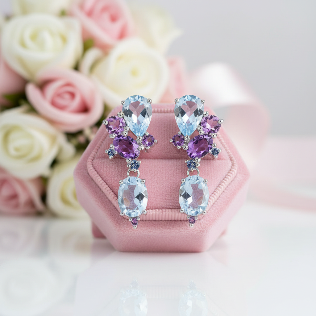 6.31ct Blue Topaz Amethyst Stud Earrings-Black Diamonds New York