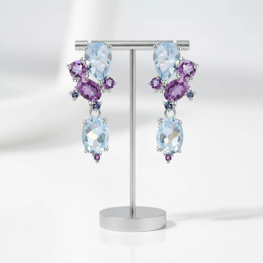 6.31ct Blue Topaz Amethyst Stud Earrings-Black Diamonds New York