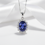 6.4 Ct Oval Cut Blue Tanzanite Pendant Necklace-Black Diamonds New York