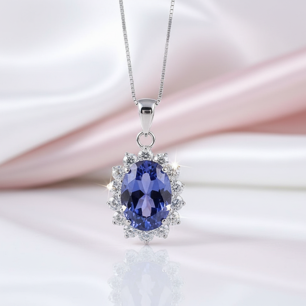 6.4 Ct Oval Cut Blue Tanzanite Simulant Pendant Necklace-Black Diamonds New York