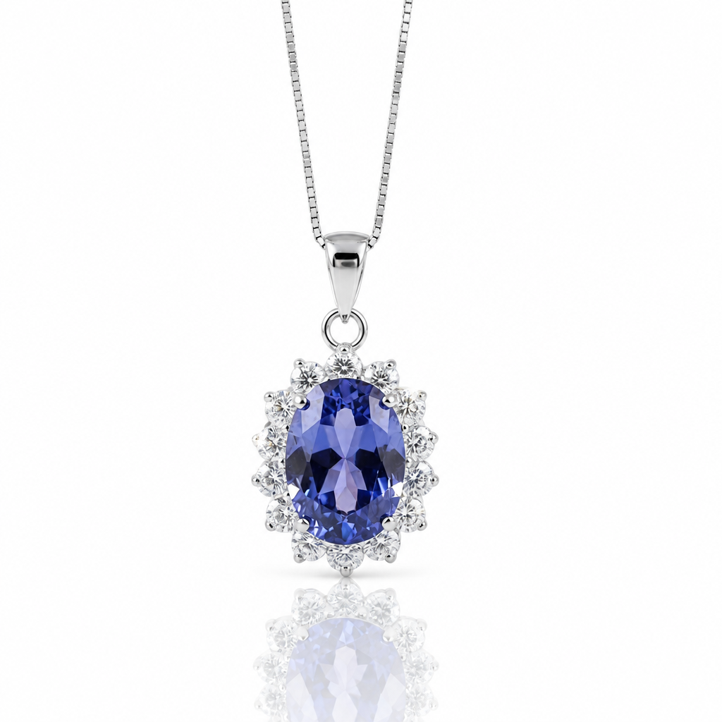 6.4 Ct Oval Cut Blue Tanzanite Simulant Pendant Necklace-Black Diamonds New York