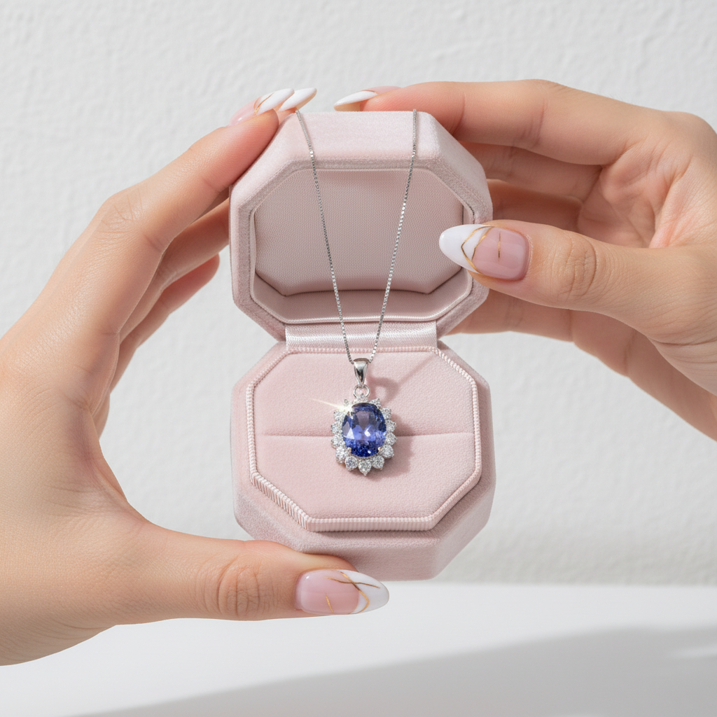 6.4 Ct Oval Cut Blue Tanzanite Pendant Necklace-Black Diamonds New York