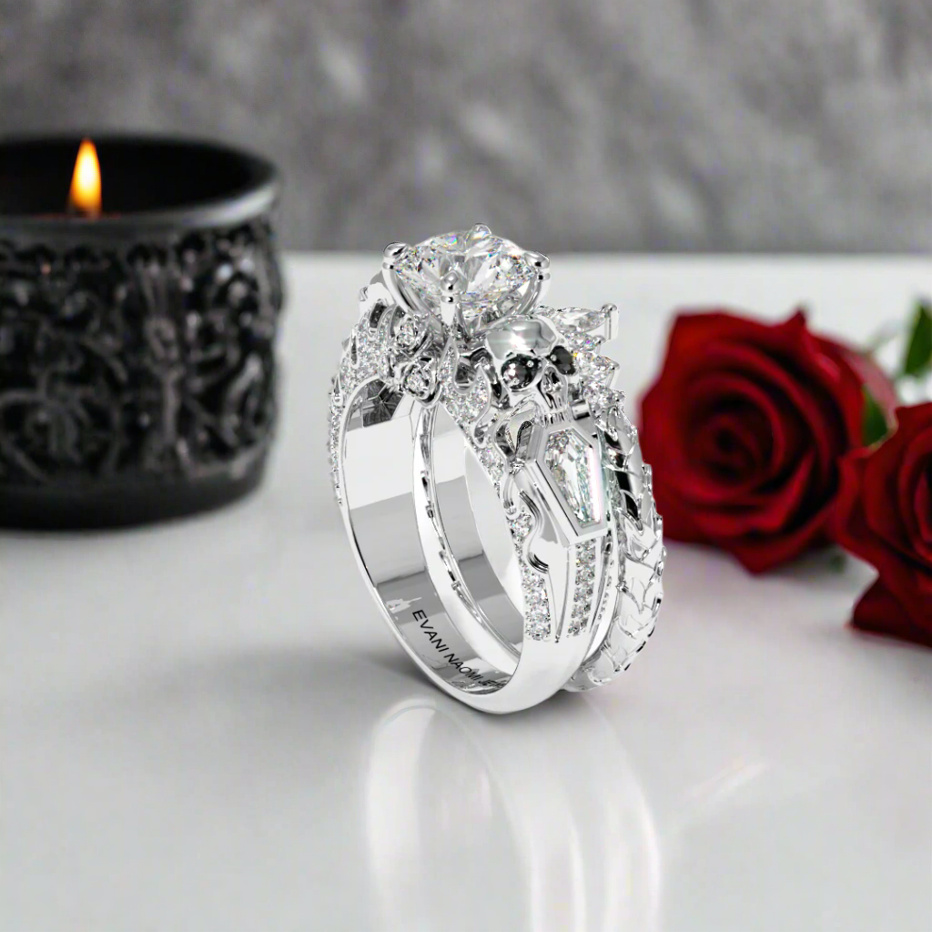 Eternal Flame- Round Cut Diamond Coffin Wedding Ring Set-Black Diamonds New York