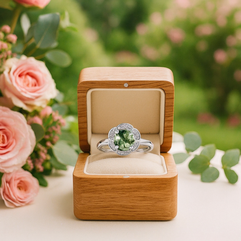 6*6mm Natural Moss Agate Engagement Ring-Black Diamonds New York