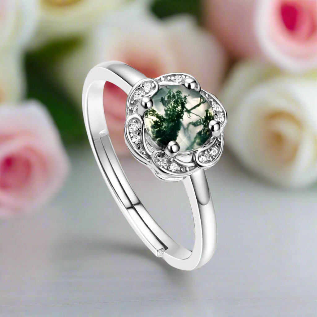 6*6mm Natural Moss Agate Engagement Ring-Black Diamonds New York