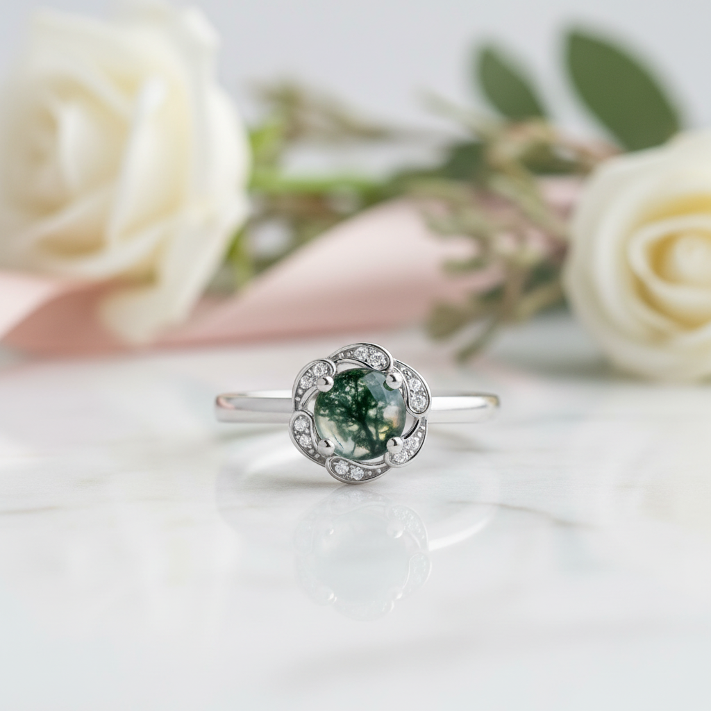 6*6mm Natural Moss Agate Engagement Ring-Black Diamonds New York