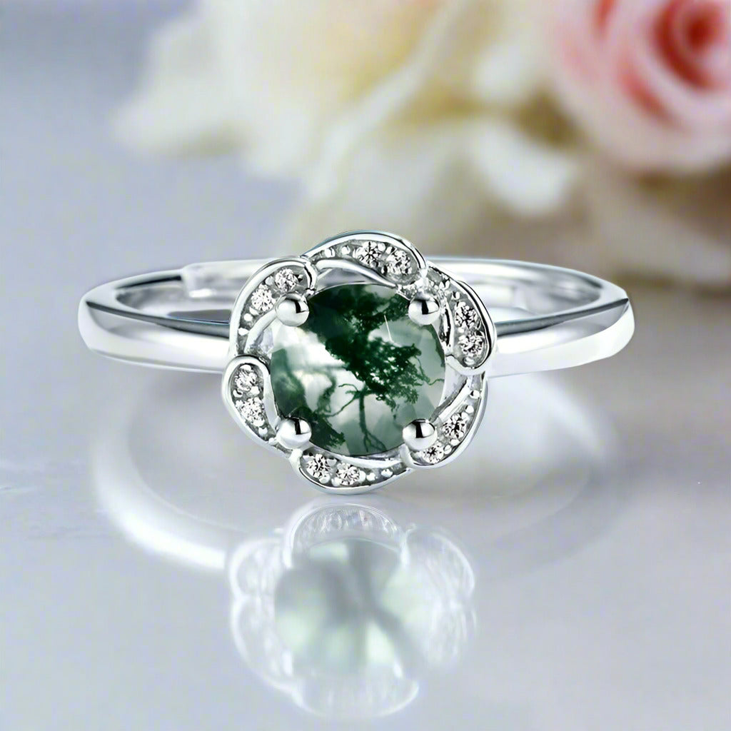 6*6mm Natural Moss Agate Engagement Ring-Black Diamonds New York