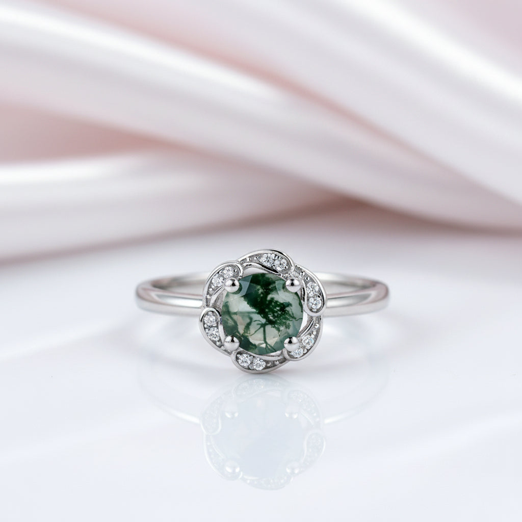 6*6mm Natural Moss Agate Engagement Ring-Black Diamonds New York