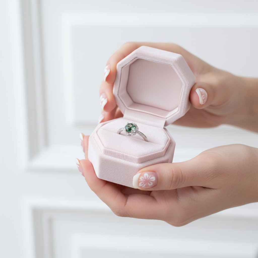 6*6mm Natural Moss Agate Engagement Ring-Black Diamonds New York