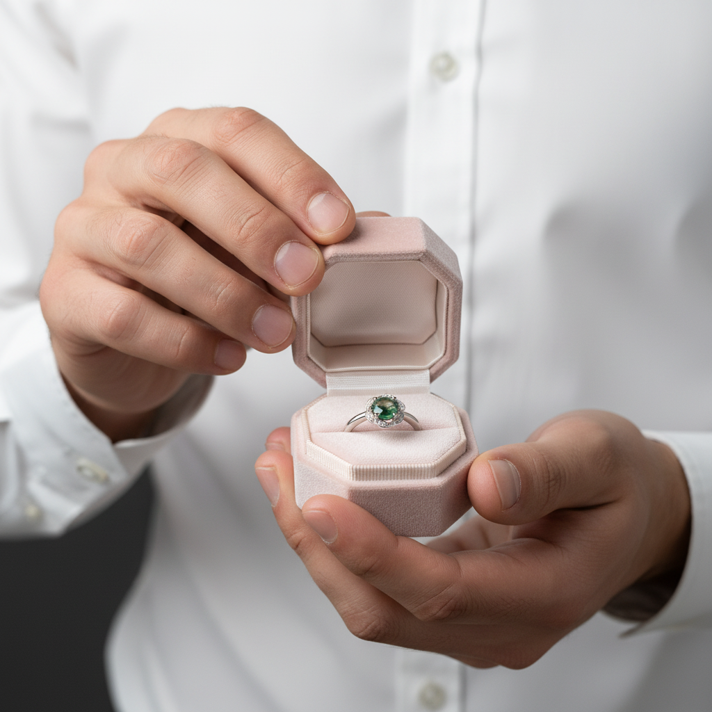 6*6mm Natural Moss Agate Engagement Ring-Black Diamonds New York