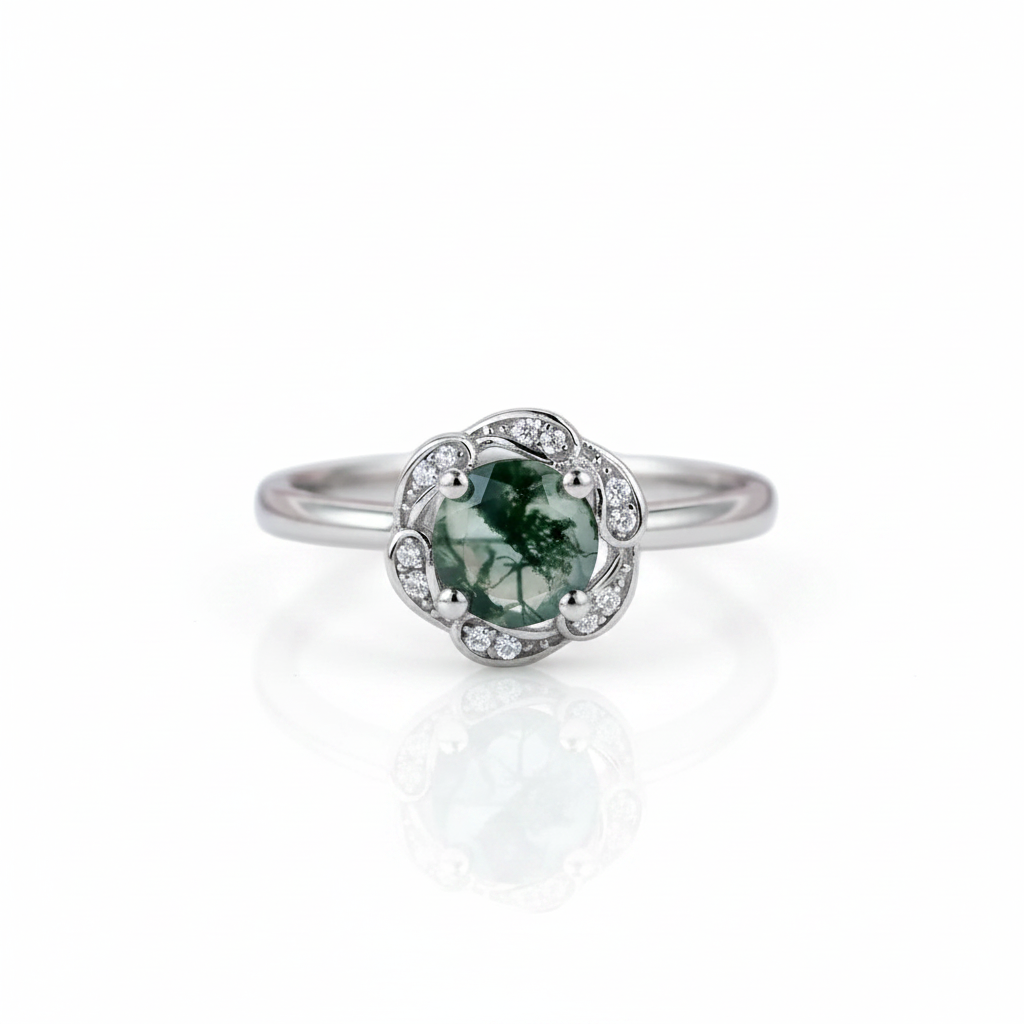 6*6mm Natural Moss Agate Engagement Ring-Black Diamonds New York