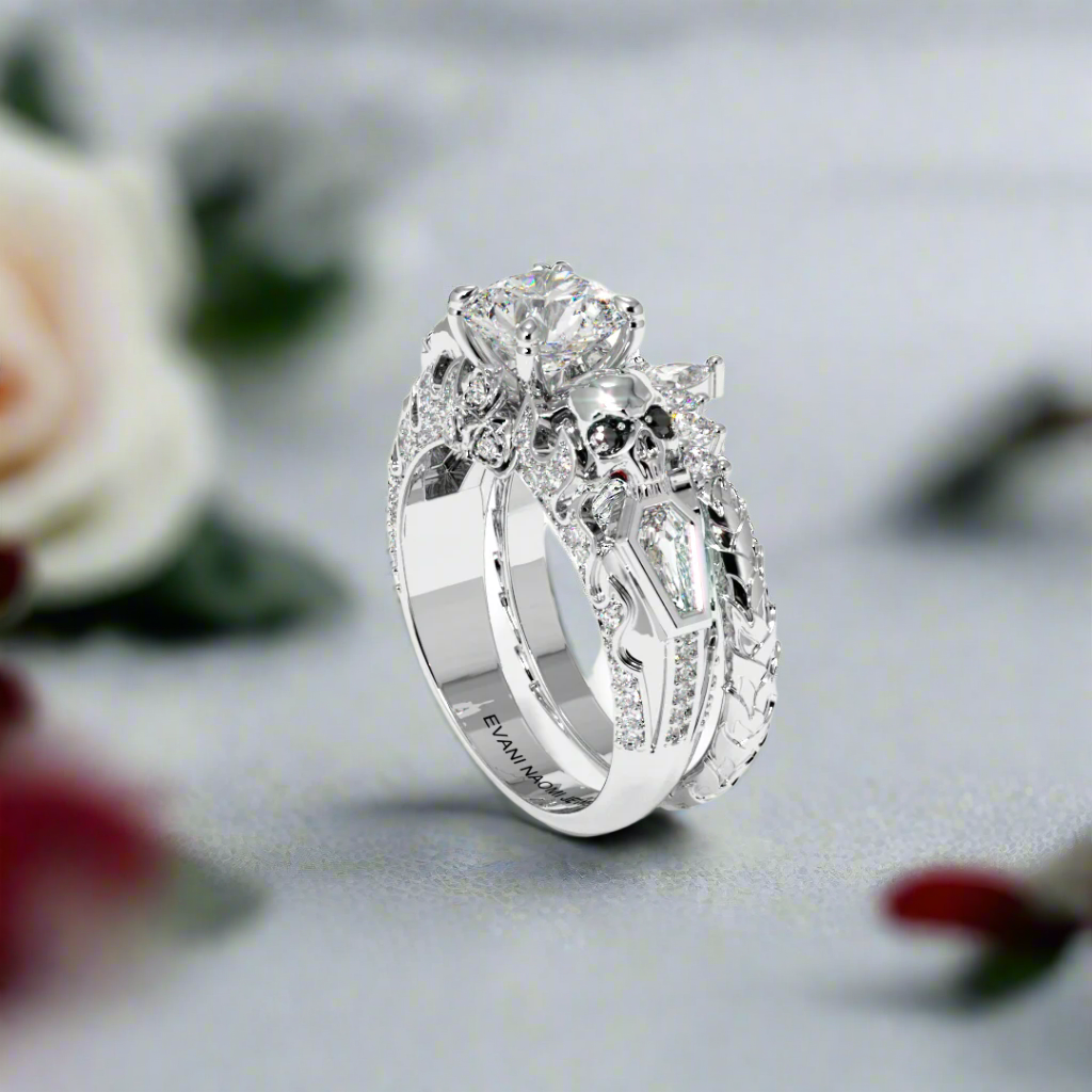 Eternal Flame- Round Cut Diamond Coffin Wedding Ring Set-Black Diamonds New York