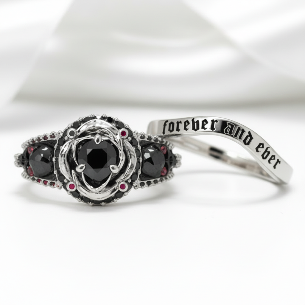 Forever And Ever Wedding Rings- 14k Rose Gold with Skulls-Black Diamonds New York