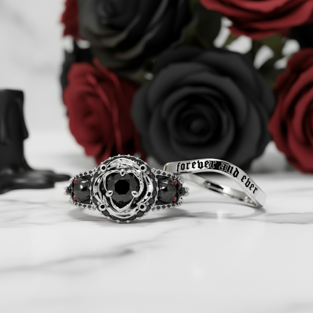 Forever And Ever Wedding Rings- 14k Rose Gold with Skulls-Black Diamonds New York