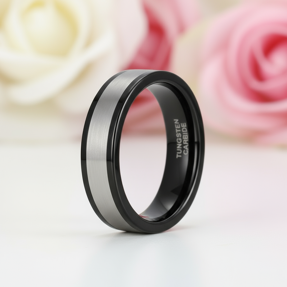 6mm Black & Silver Tungsten Wedding Band-Black Diamonds New York