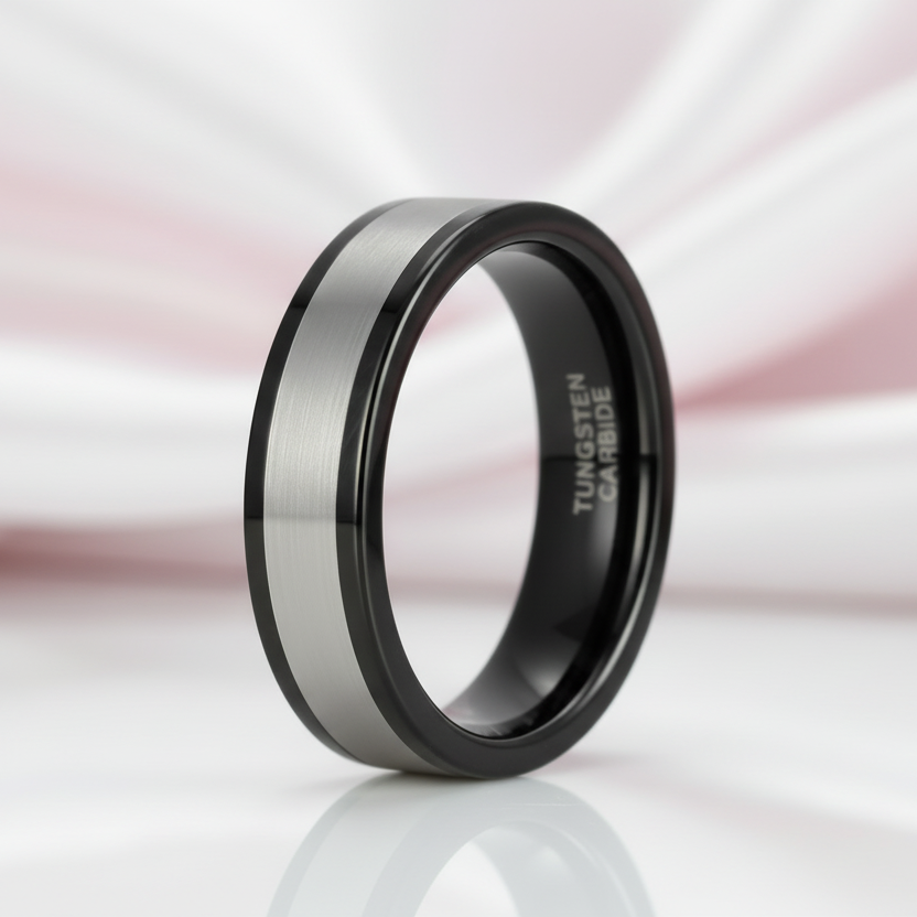 6mm Black & Silver Tungsten Wedding Band-Black Diamonds New York