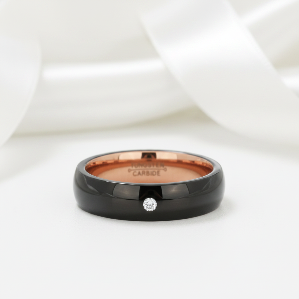 6mm Diamond Option Black with Rose Gold Tungsten Wedding Band-Black Diamonds New York