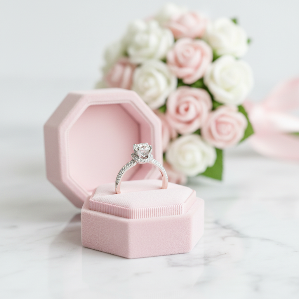 A silver-toned diamond engagement ring displayed on an open pink velvet ring box, with a bouquet of pink and white roses in the soft-focus background on a light marble surface.