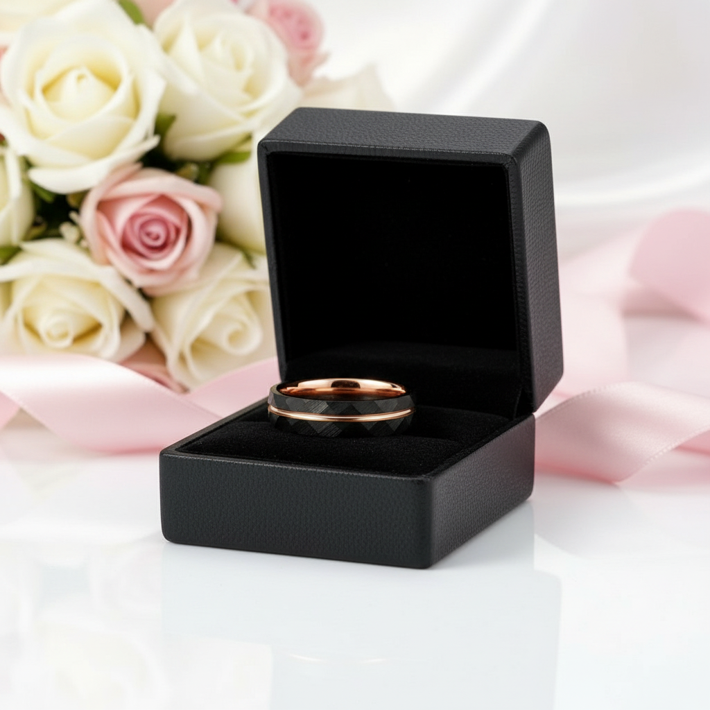 8mm Black Tungsten Rings with Thin Rose Gold Linev-Black Diamonds New York