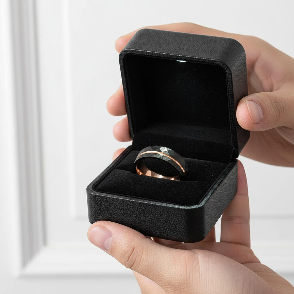 8mm Black Tungsten Rings with Thin Rose Gold Line-Black Diamonds New York