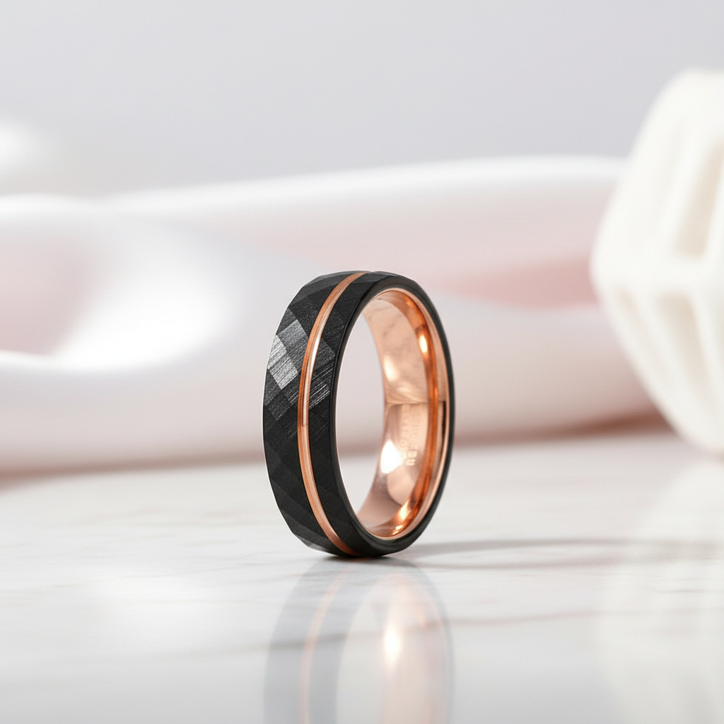 8mm Black Tungsten Rings with Thin Rose Gold Line-Black Diamonds New York