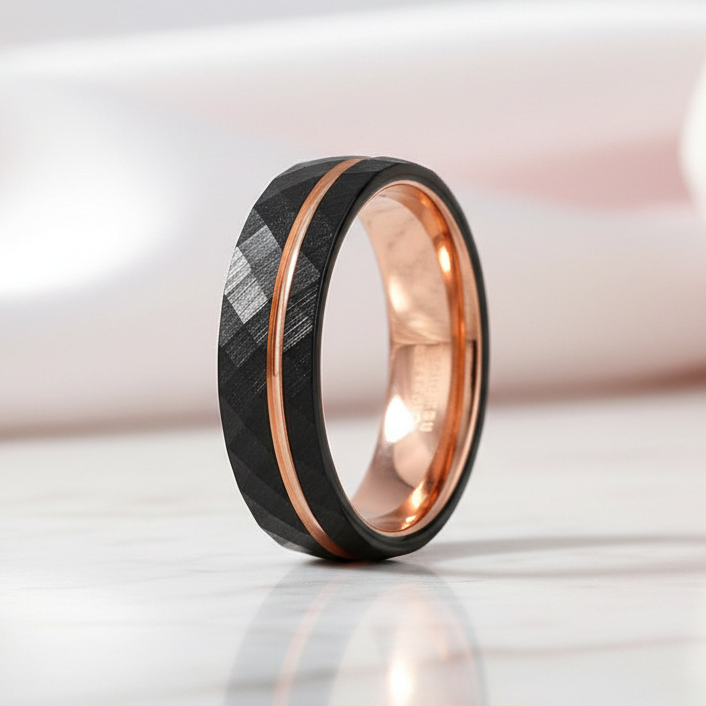 8mm Black Tungsten Rings with Thin Rose Gold Linev-Black Diamonds New York