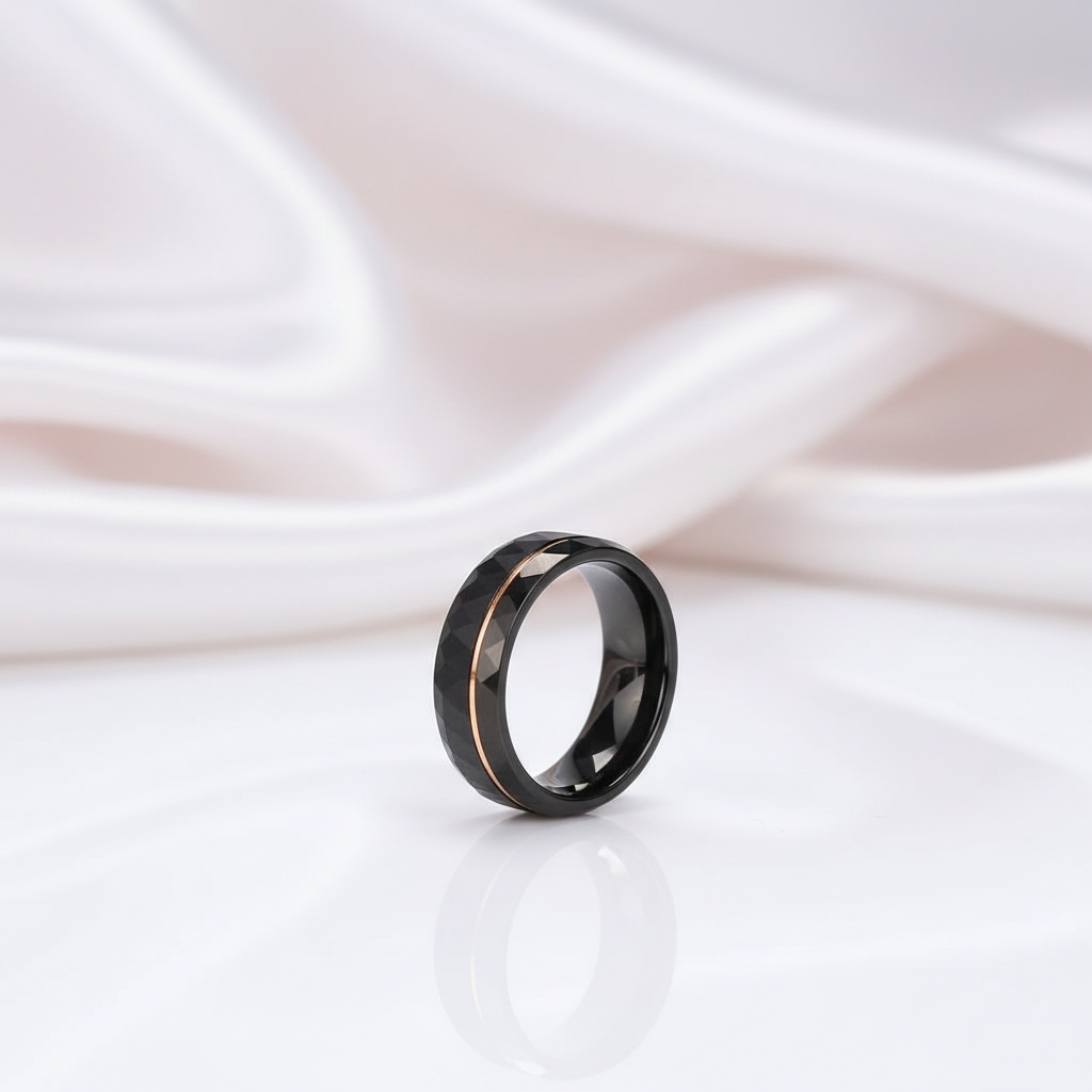 8mm Black Tungsten Rings with Thin Rose Gold Linev