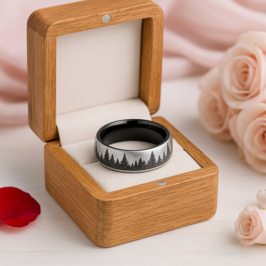 6mm Black Laser Forest Tree Pattern Tungsten Carbide Men's Ring-Black Diamonds New York