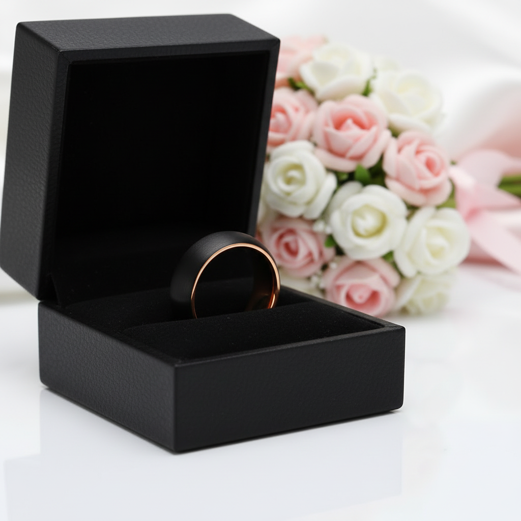 6mm Classic Black & Rose Gold Dome Tungsten Men's Wedding Band-Black Diamonds New York