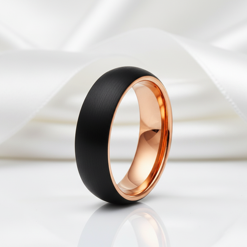 6mm Classic Black & Rose Gold Dome Tungsten Men's Wedding Band-Black Diamonds New York
