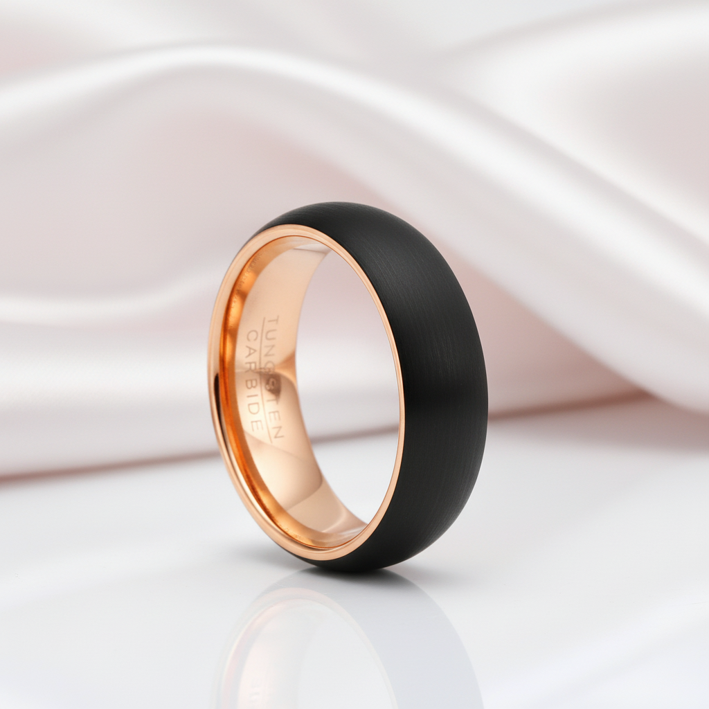 6mm Classic Black & Rose Gold Dome Tungsten Men's Wedding Band-Black Diamonds New York