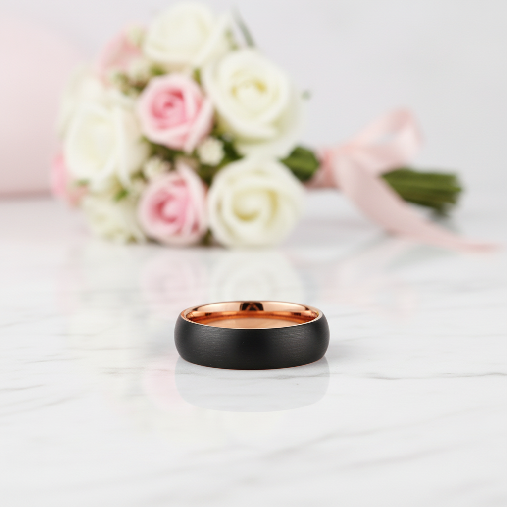 6mm Classic Black & Rose Gold Dome Tungsten Men's Wedding Band-Black Diamonds New York
