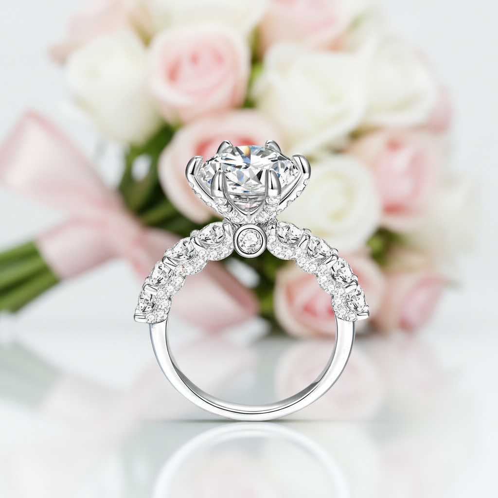 Diamond ring with a heart-shaped center stone against a blurred floral background