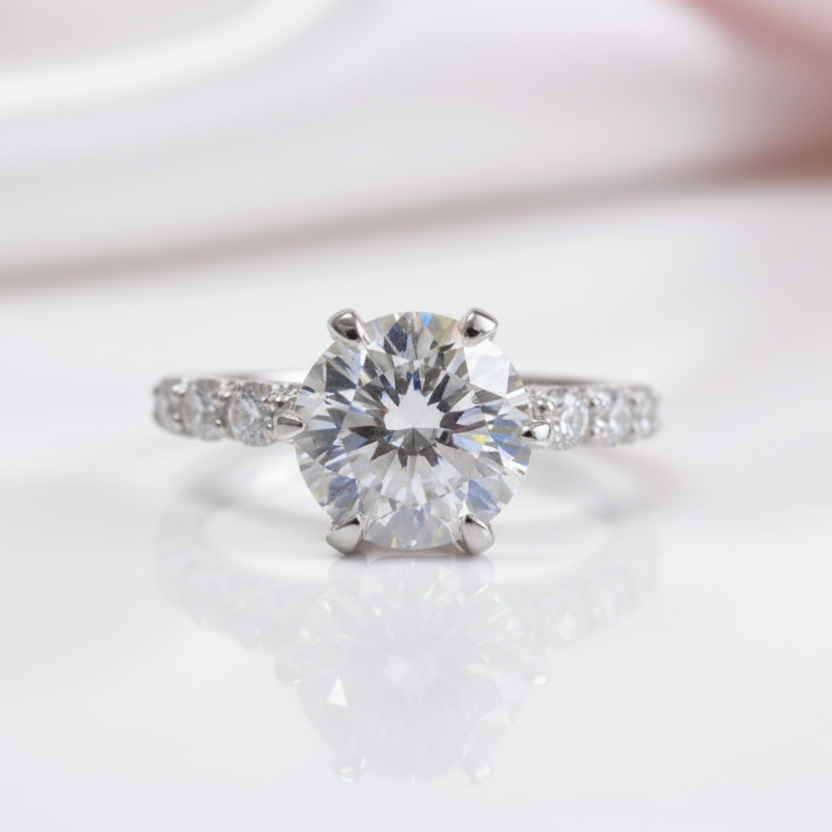 Diamond ring with a clear gemstone on a white background