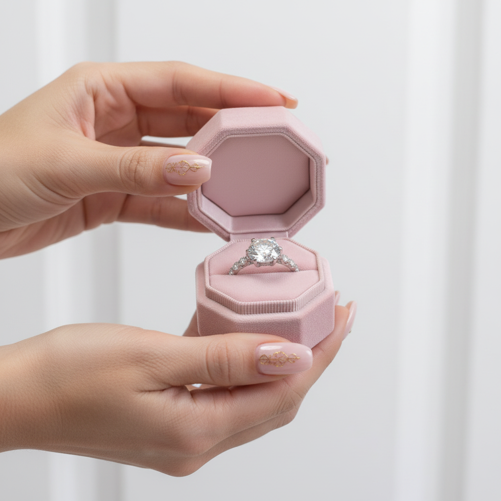 Hand holding a pink jewelry box with an engagement ring inside against a white background