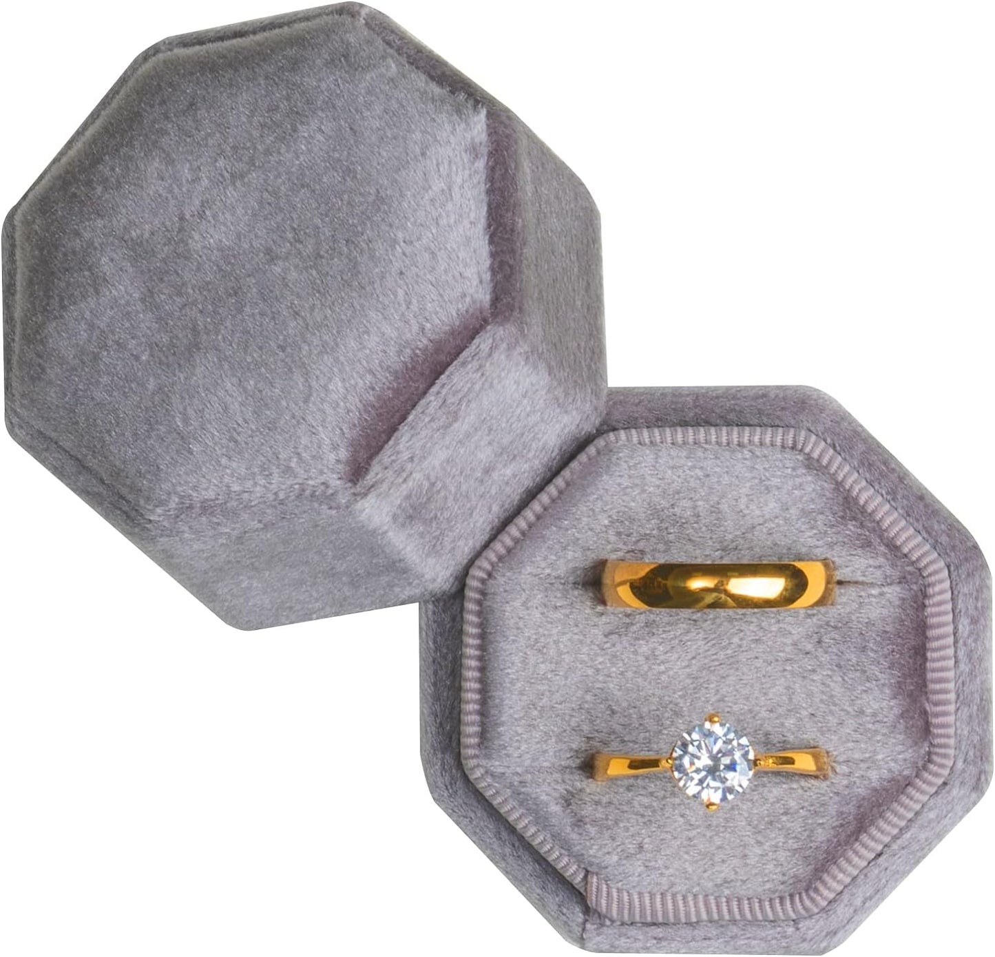 Grey Love Is Patient Double Ring Slots Octagon Velvet Ring Box