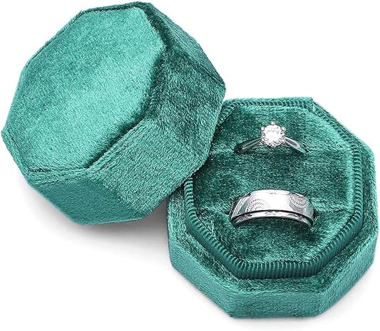 Emerald Green Love Is Patient Double Ring Slots Octagon Velvet Ring Box