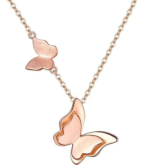 Double Butterfly Flutter Rose Gold Necklace