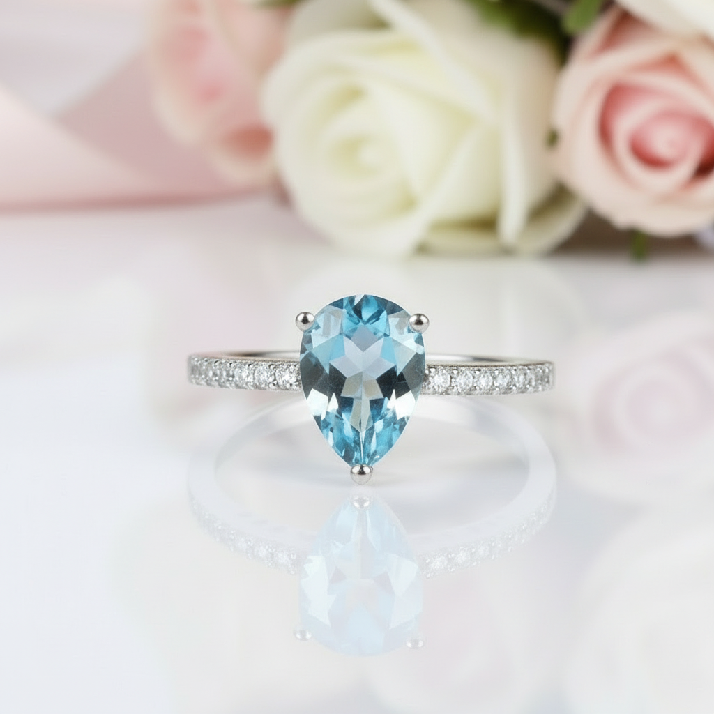 7.26ct Pear Cut Natural Swiss Blue Topaz Jewelry Set-Black Diamonds New York