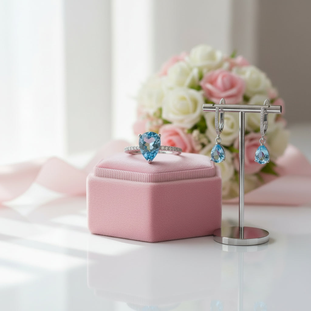Silver ring and earrings with blue gemstones on a white background